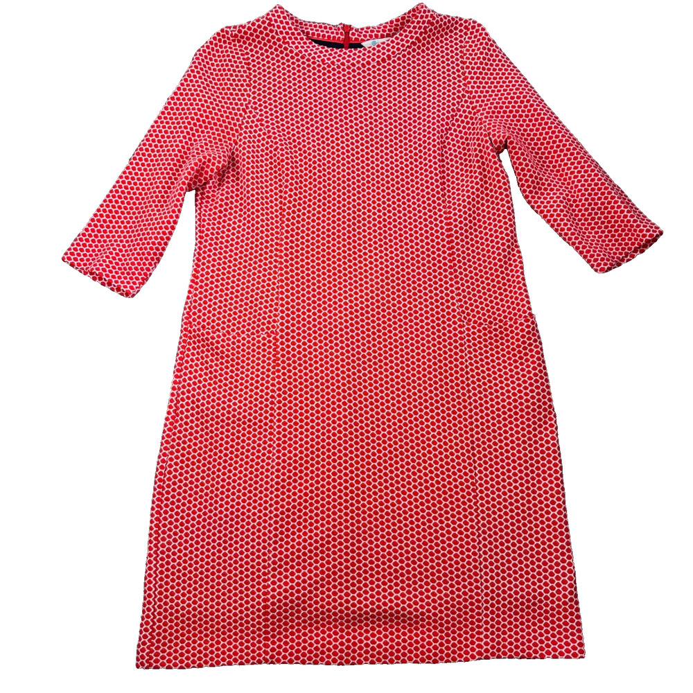 BODEN Polka Dot Shift Dress Women's 14 Long Red/White Knit 3/4 Sleeve Pockets